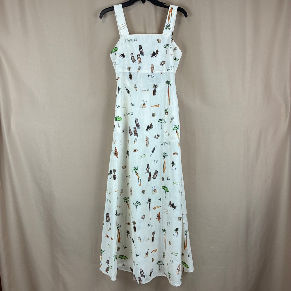 Commense Beach Print XS Linen Blend Maxi Vacation Coastal Whimsical Summer Dress